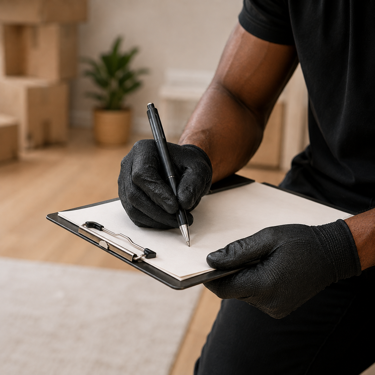 Technicien notant une demande sur un porte-bloc pour un service sur mesure