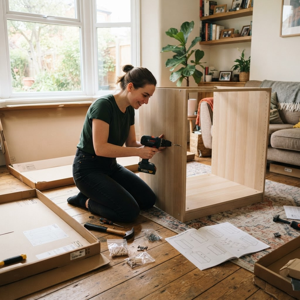 Artisan montant une armoire en kit dans un salon
