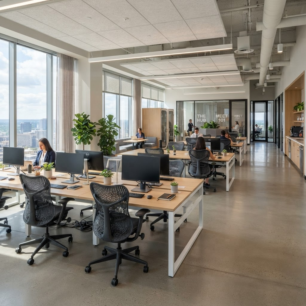 Open space avec mobilier de bureau monté