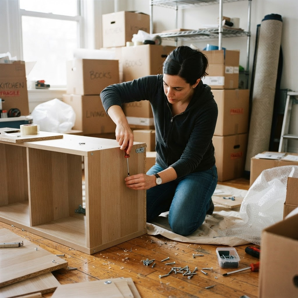 Personne démontant un meuble en bois entourée de cartons de déménagement