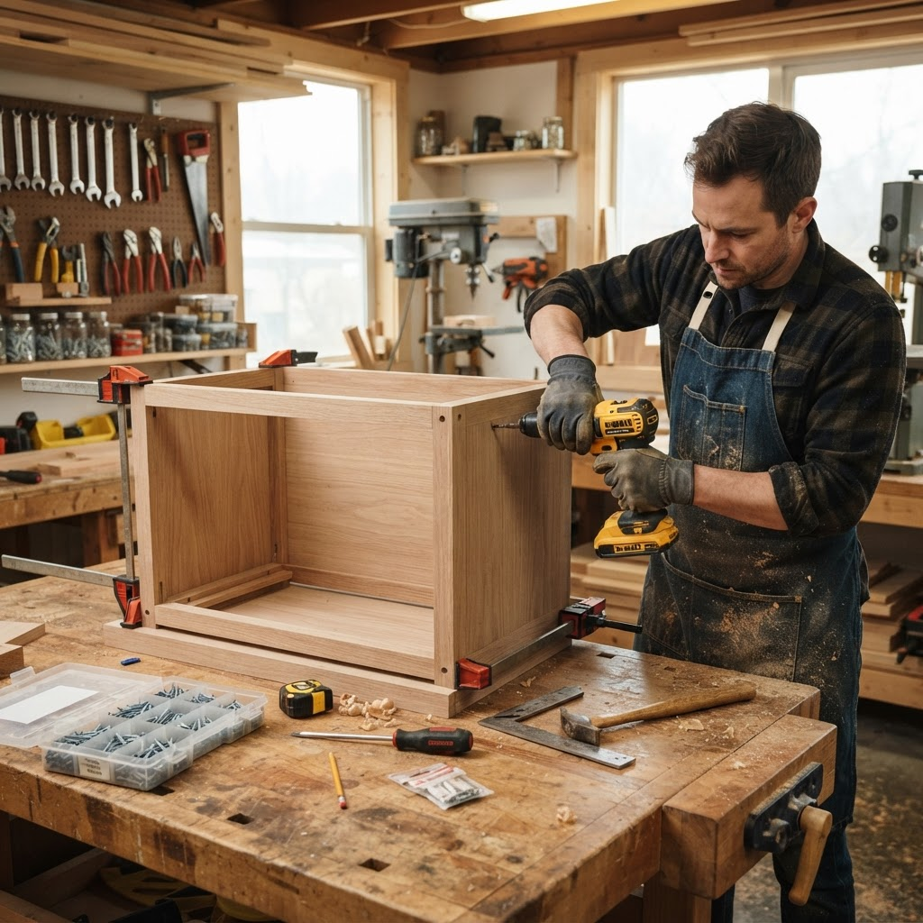 Plan de travail avec un meuble en cours de montage